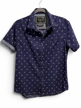 Descendent NYC Men's Navy Fishbone Short Sleeve Button-Down Medium Slim